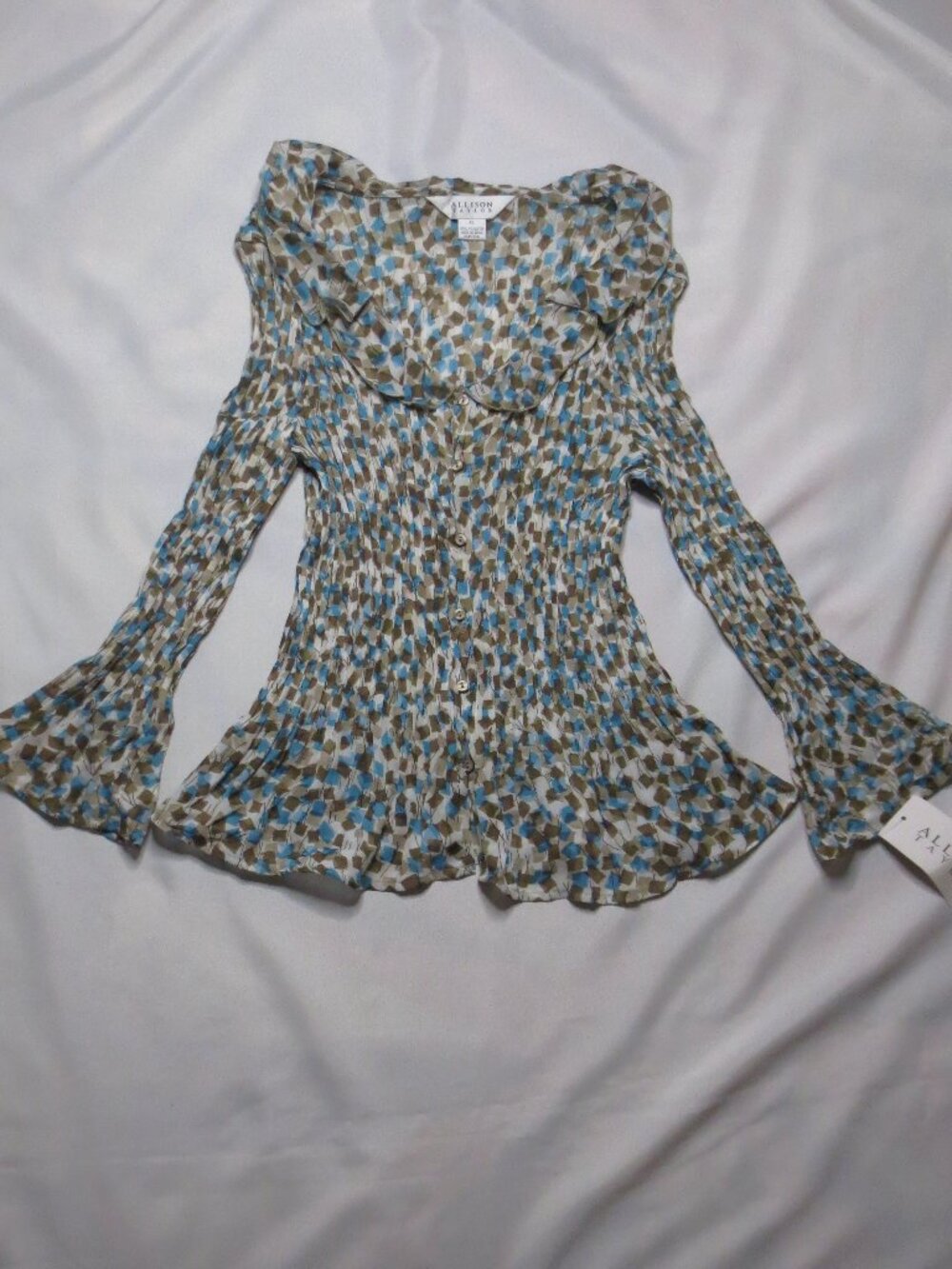 NWT ALLISON TAYLOR womens TOP brown BLOUSE teal FORM FITTED button-down SIZE XL